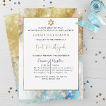 Elegant Blue Gold und Silver Celestial Bat Mitzvah Einladung<br><div class="desc">Freuen Sie sich auf die schöne und elegante Bat Mitzvah Einladung! Design mit zarter Aquarellfarbe und farbenfrohen himmlischen Hintergrunds in Blau, Aqua, Gold und Silber, mit tanzenden funkelnd Sternen und goldenen Fesseln. Die Möglichkeit, Ihre Zeremonie und Empfang, Mittag, Abendessen oder Party Details hinzuzufügen! Ideal für blau und gold oder silber...</div>