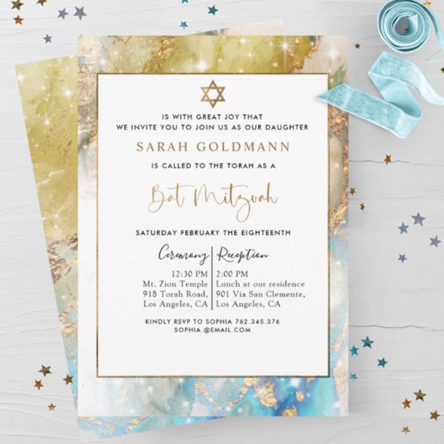 Elegant Blue Gold und Silver Celestial Bat Mitzvah Einladung (Von Creator hochgeladen)