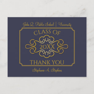 Elegant Blue Gold Uni-Abschluss Vielen Dank Postkarte