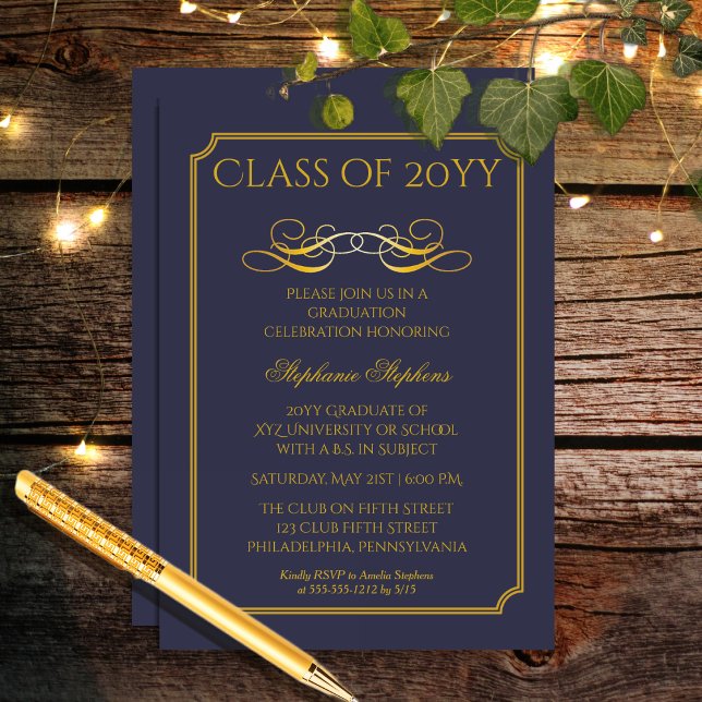 Elegant Blue | Gold University Graduation Party Einladung (Elegant Blue and Gold Tone College | University Achiever Graduation Party Invitation)