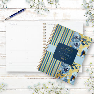Elegant Blue Gold Wasserfarbe Floral Custom Jahr Planer