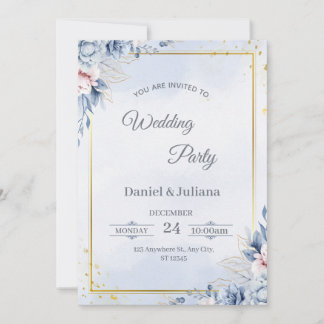 Elegant Blue & Gold Wedding Invitation Einladung