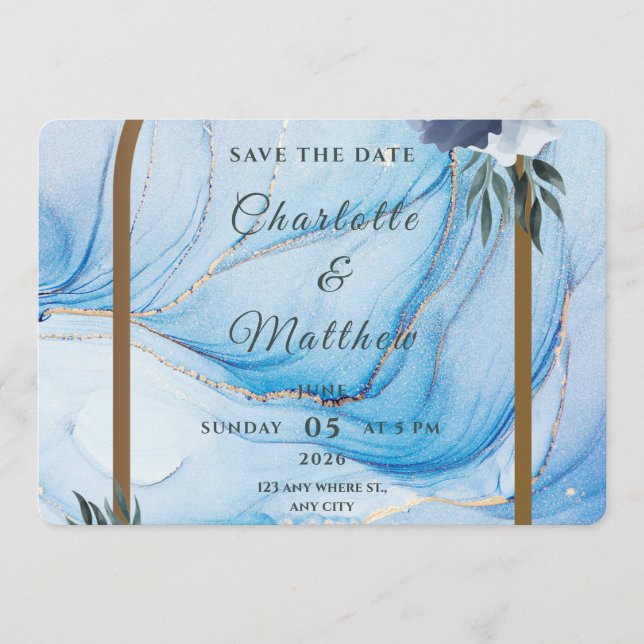 Elegant Blue & Gold Wedding Save the Date  (Vorderseite)