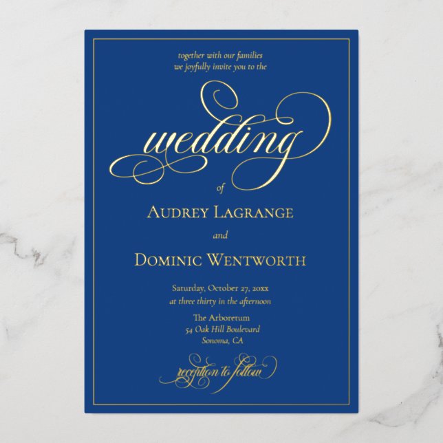 Elegant Blue Gold Wedding Script Calligraphy Folieneinladung (Vorderseite)