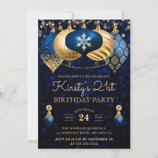 Elegant Blue & Gold Winter Baubles 21. Geburtstag Einladung