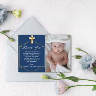 Elegant Blue Golden Cross Boys Taufe Vielen Dank Dankeskarte
