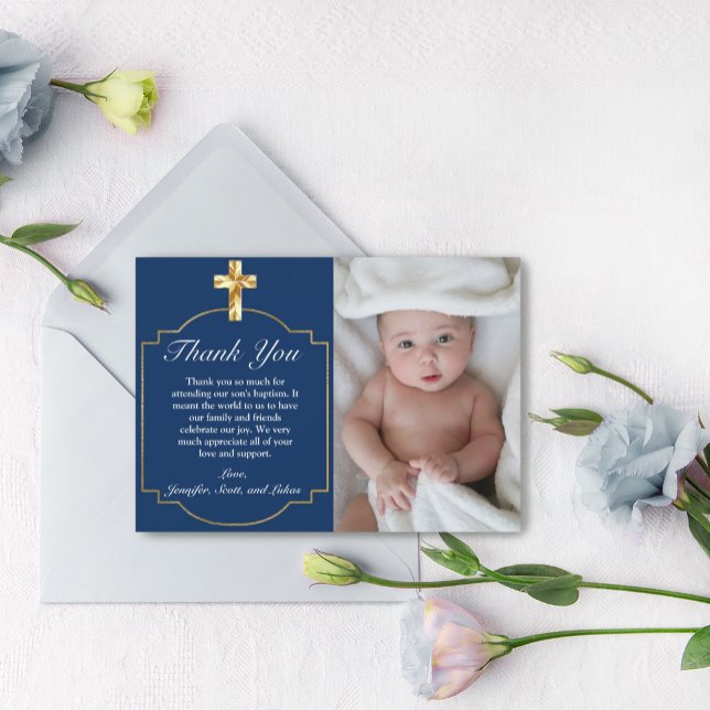 Elegant Blue Golden Cross Boys Taufe Vielen Dank Dankeskarte (ELEGANT NAVY BLUE GOLD CROSS PHOTO BAPTISM THANK YOU CARD WITH ENVELOPE)