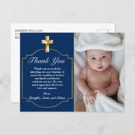 Elegant Blue Golden Cross Boys Taufe Vielen Dank Postkarte
