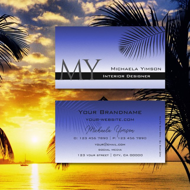 Elegant Blue Gradient Palm Leaf Monogram Einfach Visitenkarte (Von Creator hochgeladen)