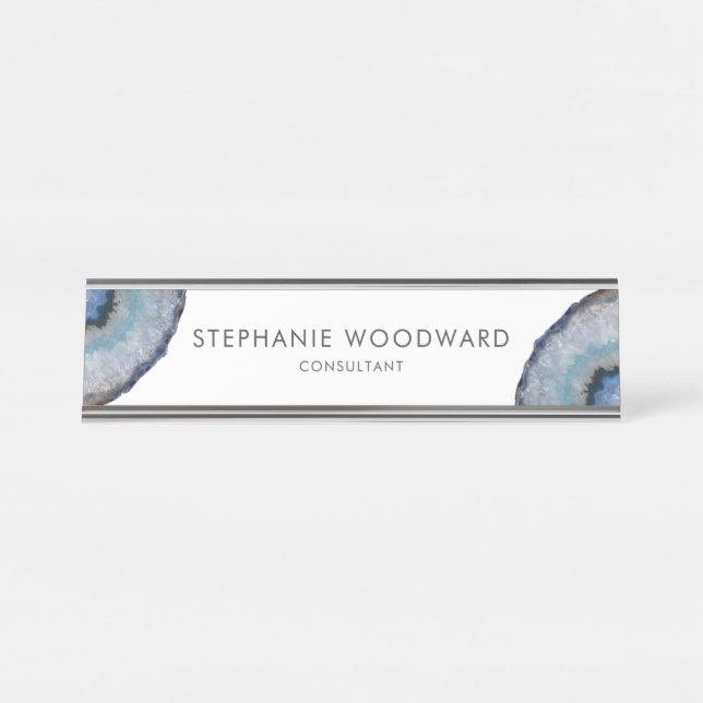 Elegant Blue Gray Agate Geode Desk Name Plate Schreibtischnamensplakette (Vorderseite )