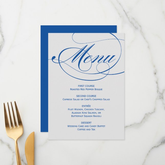 Elegant Blue Gray Calligraphy Script Wedding Menükarte (Vorderseite/Rückseite Beispiel)