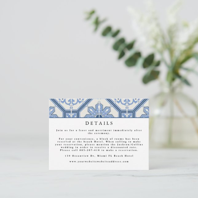Elegant Blue Greece Tile Wedding Begleitkarte (Stehend Vorderseite)