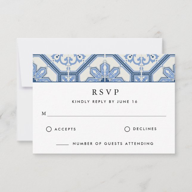 Elegant Blue Greece Tile Wedding RSVP Karte (Vorderseite)