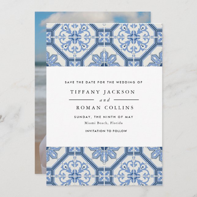 Elegant Blue Greece Tile Wedding Save The Date (Vorne/Hinten)