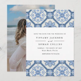 Elegant Blue Greece Tile Wedding Save The Date