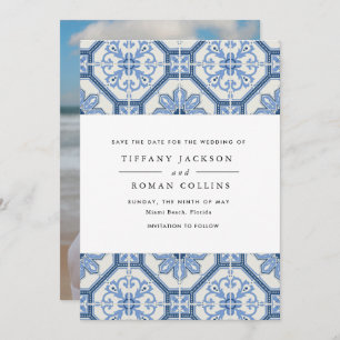 Elegant Blue Greece Tile Wedding Save The Date