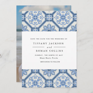 Elegant Blue Greece Tile Wedding Save The Date