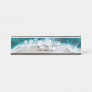 Elegant Blue Green Beach Script Surf Instructor Schreibtischnamensplakette