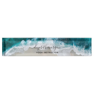 Elegant Blue Green Beach Script Yoga Instructor Namensplakette