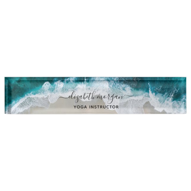 Elegant Blue Green Beach Script Yoga Instructor Namensplakette (Vorderseite)