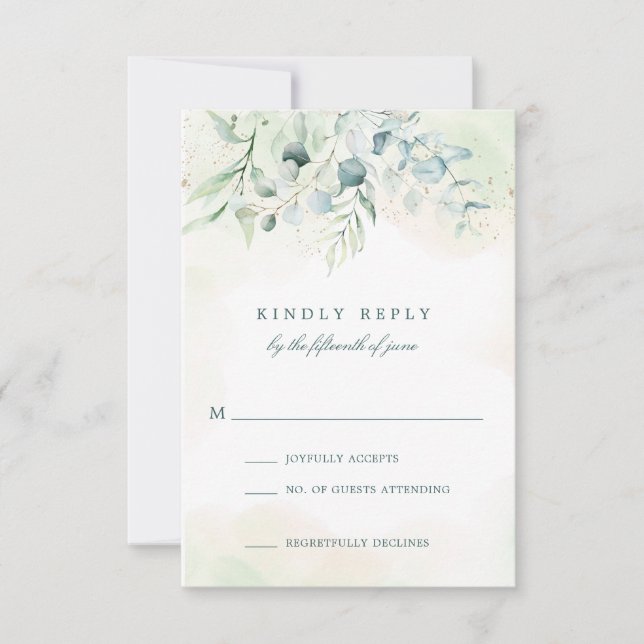 Elegant Blue Green Eukalyptus Greenerity Wedding RSVP Karte (Vorderseite)