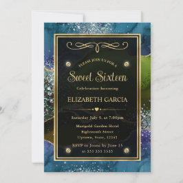 Elegant Blue, Green & Gold Glitzer Agate Sweet 16 Einladung