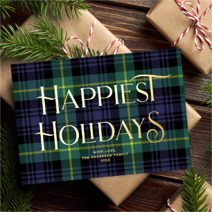 Elegant Blue Green Tartan Weihnachten Non-Foto Folien Feiertagskarte