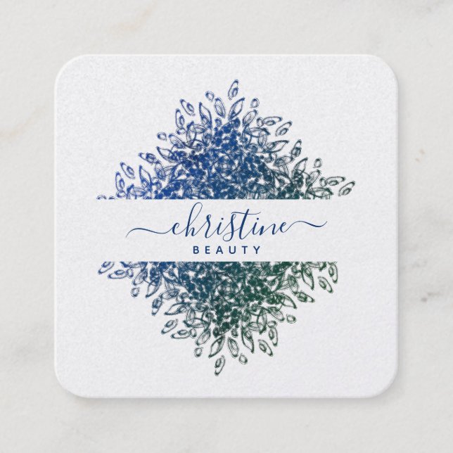 Elegant Blue Greenery Mandala Script Signature Quadratische Visitenkarte (Vorderseite)
