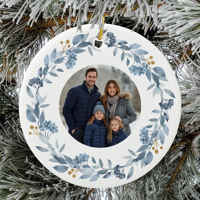 Elegant Blue Greenery Wreath Keramik Ornament (Von Creator hochgeladen)