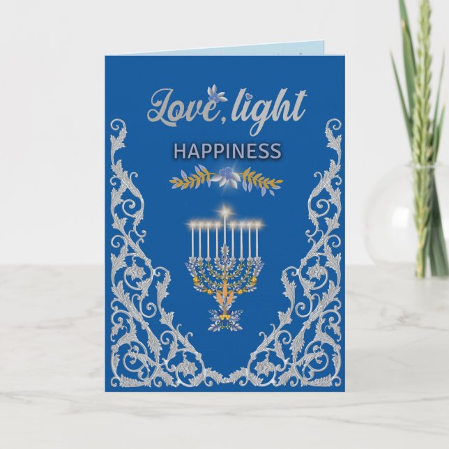 Elegant Blue Hanukkah Menorah Ornamental  Karte (Vorderseite)