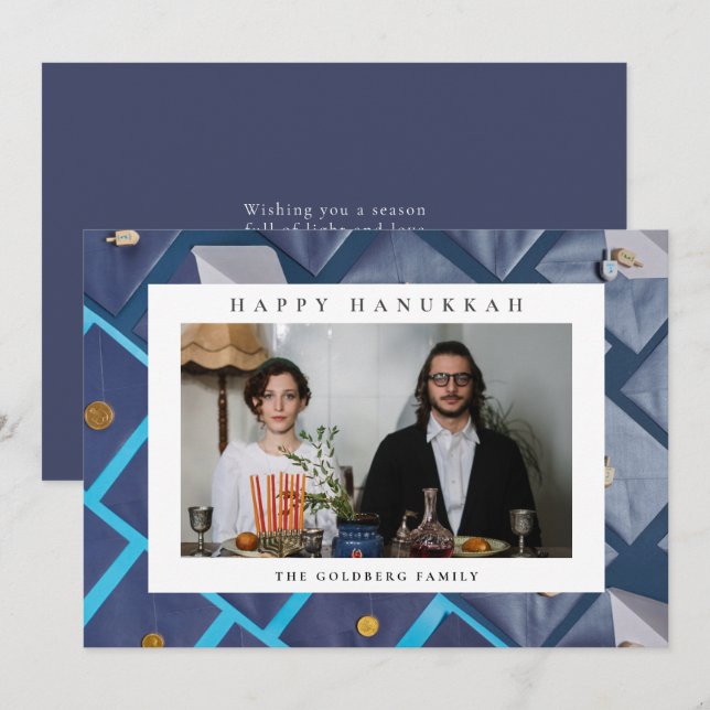 Elegant Blue Happy Hanukkah Family 1 Photo Feiertagskarte (Vorne/Hinten)