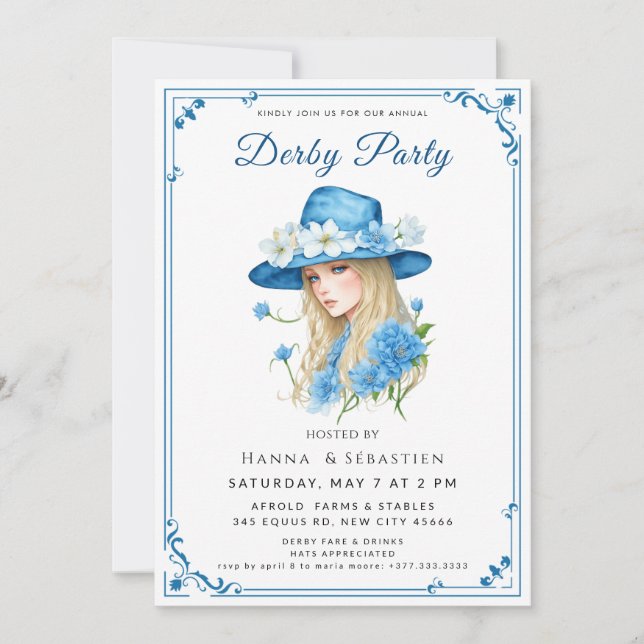 Elegant Blue Hat Garden Party Invitation Einladung (Vorderseite)