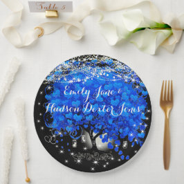 Elegant Blue Heart Leaf Tree Wedding Pappteller