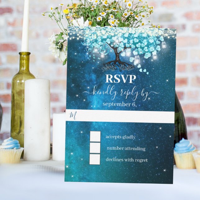 Elegant Blue Heart Leaf Tree Wedding SPAREN SIE DA Einladung (Von Creator hochgeladen)