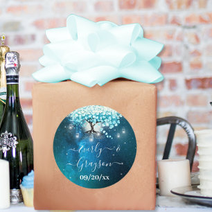 Elegant Blue Heart Leaf Tree Wedding SPAREN SIE DA Runder Aufkleber