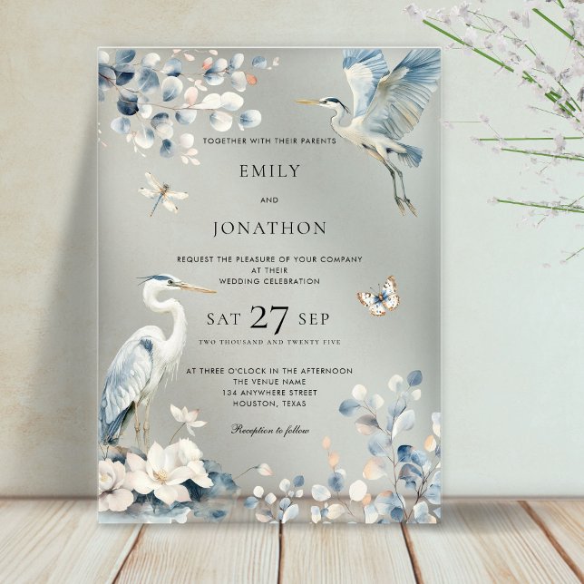 Elegant Blue Heron Foliage Florals Wedding Acryleinladungen (Von Creator hochgeladen)