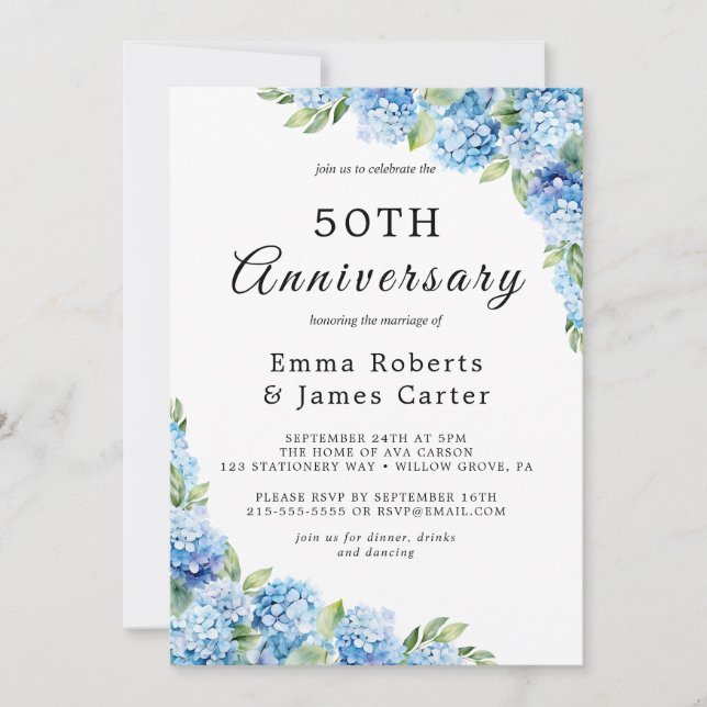 Elegant Blue Hydrangea 50. Hochzeitstag Einladung (Vorderseite)