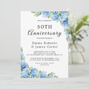 Elegant Blue Hydrangea 50. Hochzeitstag Einladung