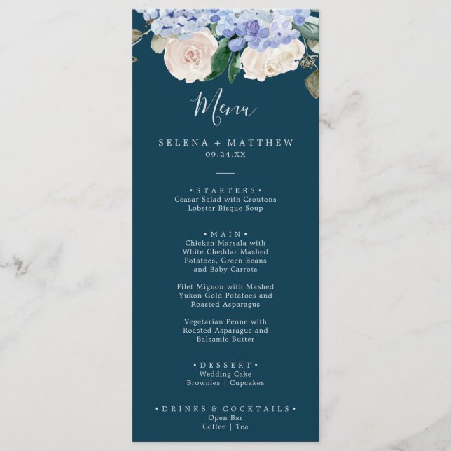 Elegant Blue Hydrangea | Abendmenü für Hochzeiten  Menükarte (Vorderseite)