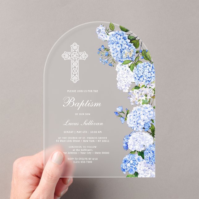 Elegant Blue Hydrangea Arch Baptism Acryleinladungen (Insitu (Handheld))
