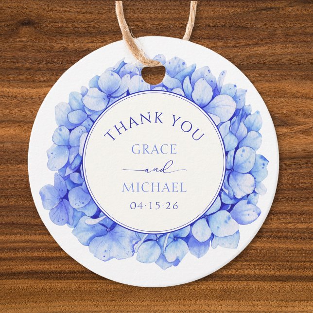Elegant Blue Hydrangea Blume Wedding Vielen Dank Geschenkanhänger (Elegant hydrangea wedding favor tag with customizable names and date – perfect for thank you gifts.)