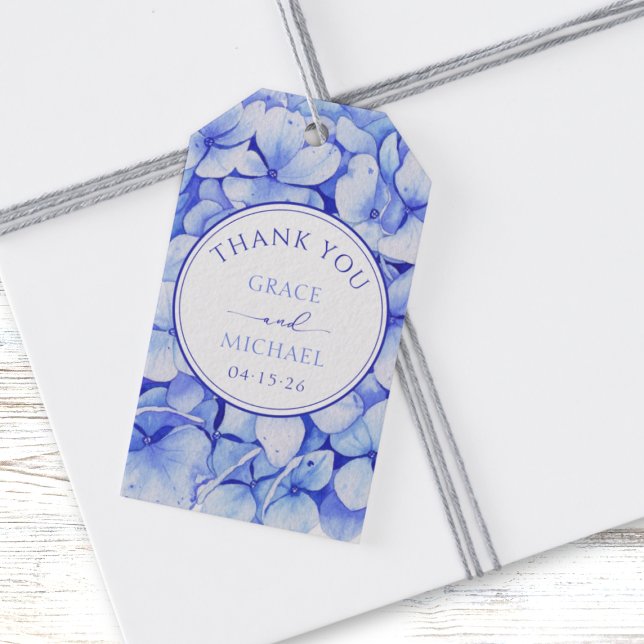 Elegant Blue Hydrangea Blume Wedding Vielen Dank Geschenkanhänger (Elegant blue hydrangea wedding favor tags, personalized with names and date for a classic aesthetic.)