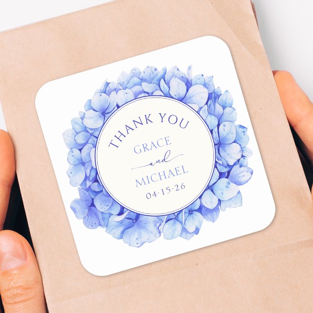 Elegant Blue Hydrangea Blume Wedding Vielen Dank Quadratischer Aufkleber (Chic hydrangea wedding favor sticker with customizable text – a stylish way to thank your guests.)