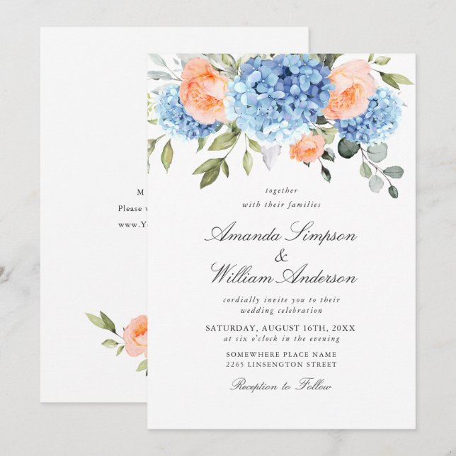 Elegant Blue Hydrangea Blush Pink Roses Wedding Einladung (Vorne/Hinten)