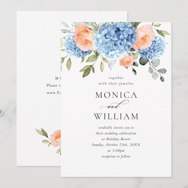Elegant Blue Hydrangea Blush Pink Roses Wedding Einladung (Vorne/Hinten)