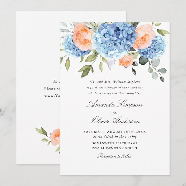 Elegant Blue Hydrangea Blush Pink Roses Wedding Einladung (Vorne/Hinten)