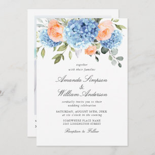 Elegant Blue Hydrangea Blush Pink Roses Wedding Einladung