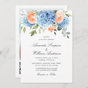 Elegant Blue Hydrangea Blush Pink Roses Wedding Einladung