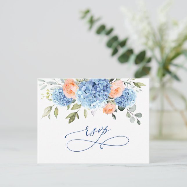 Elegant Blue Hydrangea Blush Rose Hochzeit RSVP Postkarte (Stehend Vorderseite)