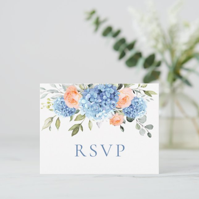 Elegant Blue Hydrangea Blush Rose Hochzeit RSVP Postkarte (Stehend Vorderseite)